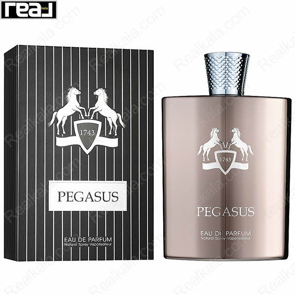 بسته‌بندی مشکی ادکلن Pegasus از برند Fragrance World با خطوط سفید و طراحی کلاسیک