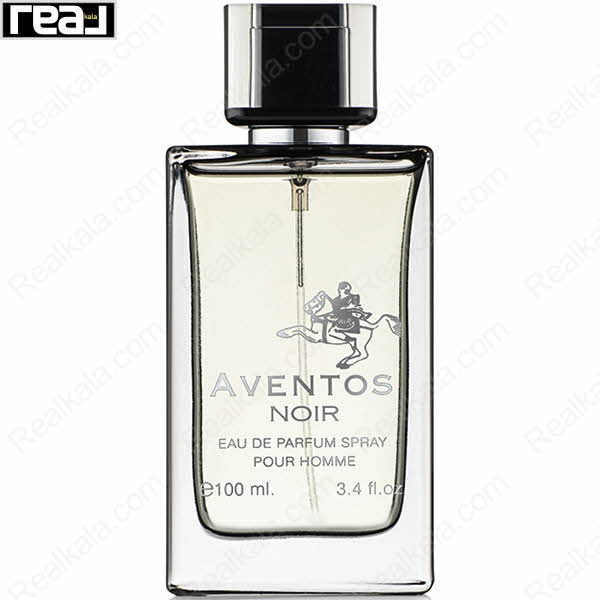شیشه شفاف ادکلن Aventos Noir از برند Fragrance World با تصویر سوارکار و درب مشکی