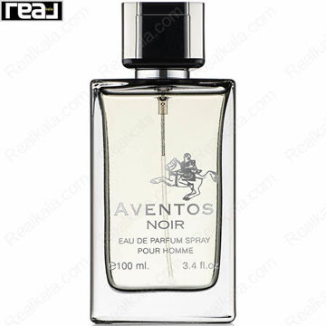 شیشه شفاف ادکلن Aventos Noir از برند Fragrance World با تصویر سوارکار و درب مشکی