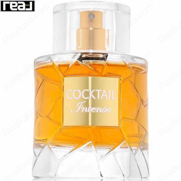شیشه چندضلعی ادکلن Cocktail Intense از برند Fragrance World با مایع کهربایی و لیبل طلایی