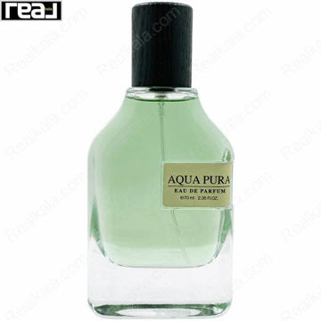 شیشه شفاف ادکلن Aqua Pura از برند Fragrance World با مایع سبز و درب چوبی