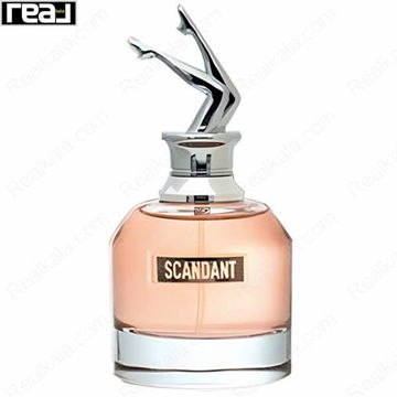 شیشه شفاف ادکلن Scandant از برند Fragrance World با مایع صورتی و درب مجسمه‌ای