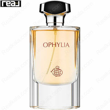 شیشه شفاف ادکلن Ophylia از برند Fragrance World با مایع طلایی و درب مشکی–فلزی