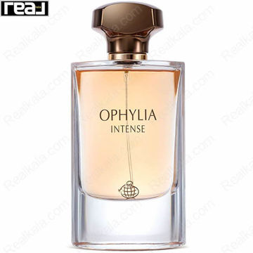 شیشه شفاف ادکلن Ophylia Intense از برند Fragrance World با مایع طلایی و درب فلزی هندسی