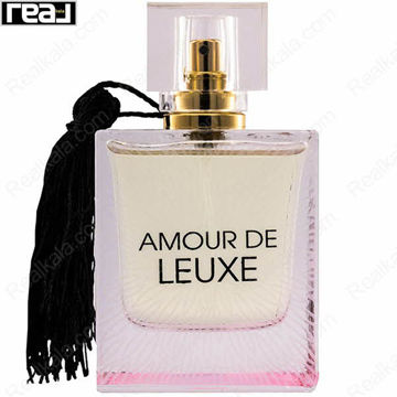 شیشه شفاف ادکلن Amour De Leuxe از برند Fragrance World با ته‌رنگ صورتی و آویز مشکی
