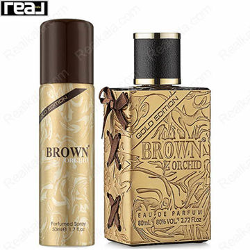 بطری طلایی برجسته ادکلن Brown Orchid Gold Edition از برند Fragrance World همراه با اسپری طلایی