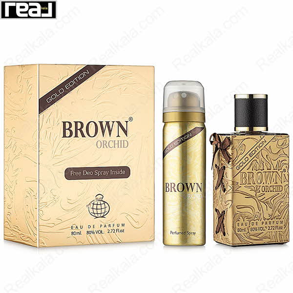 بسته‌بندی لوکس ست Brown Orchid Gold Edition از برند Fragrance World با طراحی طلایی و مشکی