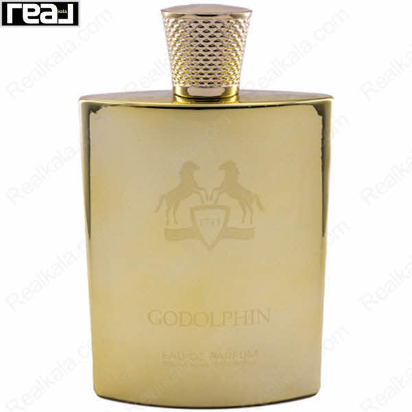 بطری فلزی طلایی ادکلن Godolphin از برند Fragrance World با نشان برجسته دو اسب