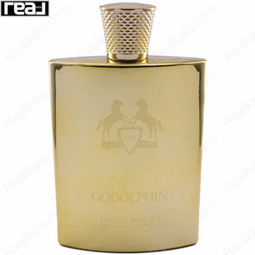 بطری فلزی طلایی ادکلن Godolphin از برند Fragrance World با نشان برجسته دو اسب