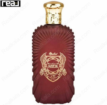 شیشه قرمز تیره ادکلن Sheik Opulent N.77 Rich از برند Fragrance World با جزئیات طلایی