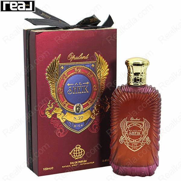بسته‌بندی سلطنتی ادکلن Sheik Opulent N.77 Rich از برند Fragrance World با طراحی طلایی و قرمز
