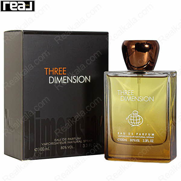 بسته‌بندی مشکی ادکلن Three Dimension از برند Fragrance World با طراحی مینیمال و رسمی