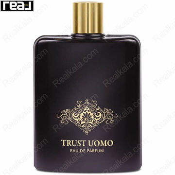 شیشه مشکی ادکلن Trust Uomo از برند Fragrance World با جزئیات طلایی و طراحی سلطنتی