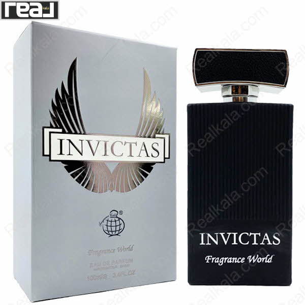 جعبه و بطری ادکلن فرگرانس ورد اینویکتاس مردانه، بسته‌بندی نقره‌ای با نماد بال