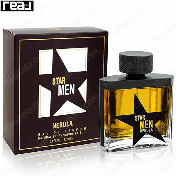 بسته‌بندی ادکلن فرگرانس ورد استار من نبولا مردانه با جعبه مشکی و ستاره طلایی