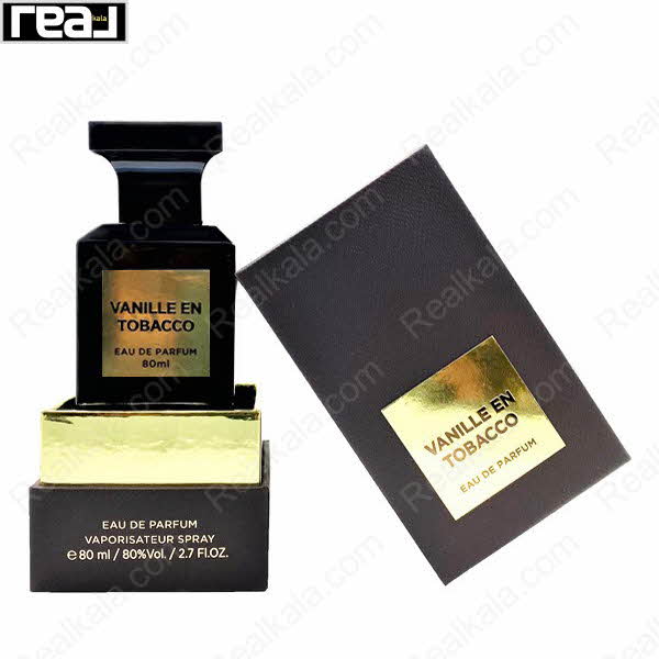 بسته‌بندی ادکلن فرگرانس ورد Vanille En Tobacco مردانه با جعبه مشکی و لیبل طلایی