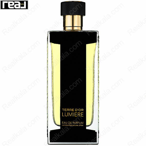 بطری ادکلن فرگرانس ورد Terre D'Or Lumière مردانه با طراحی شفاف و درب طلایی–مشکی