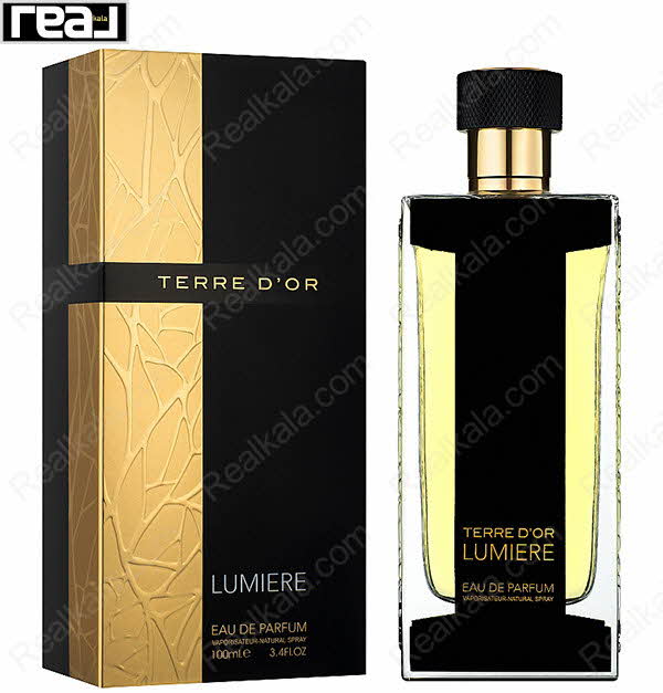 بسته‌بندی ادکلن فرگرانس ورد Terre D'Or Lumière مردانه با جعبه مشکی و طرح طلایی برجسته