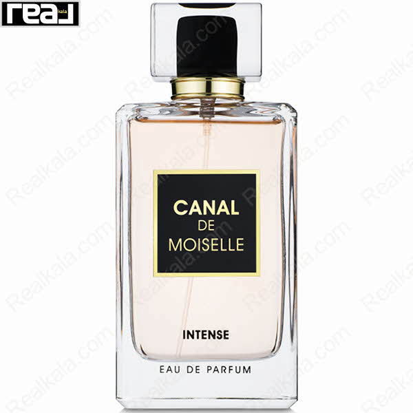 بطری ادکلن فرگرانس ورد Canal De Moiselle Intense زنانه با طراحی شفاف و درب مشکی–طلایی