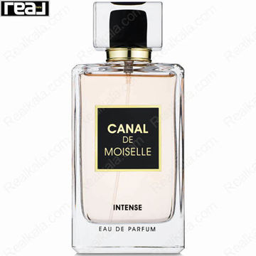بطری ادکلن فرگرانس ورد Canal De Moiselle Intense زنانه با طراحی شفاف و درب مشکی–طلایی