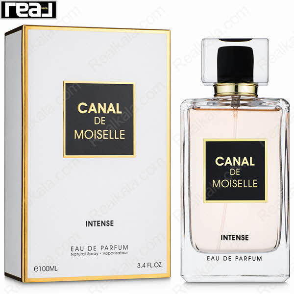 بسته‌بندی ادکلن فرگرانس ورد Canal De Moiselle Intense زنانه با جعبه سفید و لیبل مشکی–طلایی