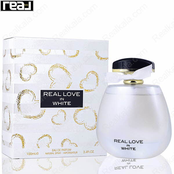 بسته‌بندی ادکلن فرگرانس ورد Real Love In White زنانه با جعبه سفید و طرح قلب‌های طلایی