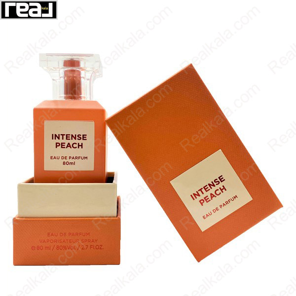 بسته‌بندی ادکلن فرگرانس ورد Intense Peach با جعبه نارنجی و لیبل کرم رنگ