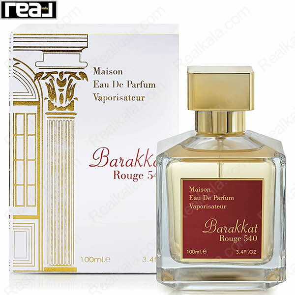 بسته‌بندی ادکلن فرگرانس ورد Barakkat Rouge 540 با جعبه سفید و طرح کلاسیک ستون‌دار