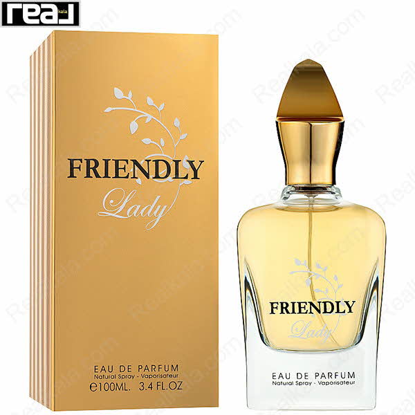 بسته‌بندی ادکلن فرگرانس ورد Friendly Lady زنانه با جعبه طلایی