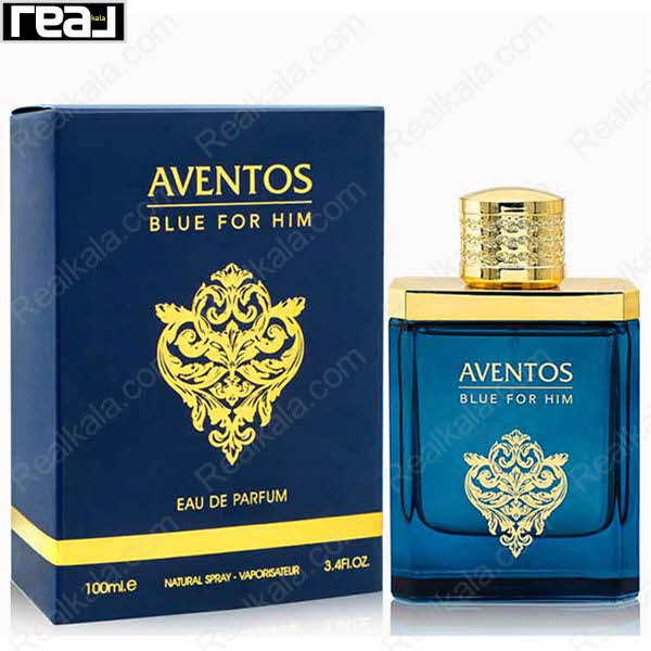 بسته‌بندی آبی–طلایی ادکلن Aventos Blue For Him مردانه Fragrance World همراه با بطری