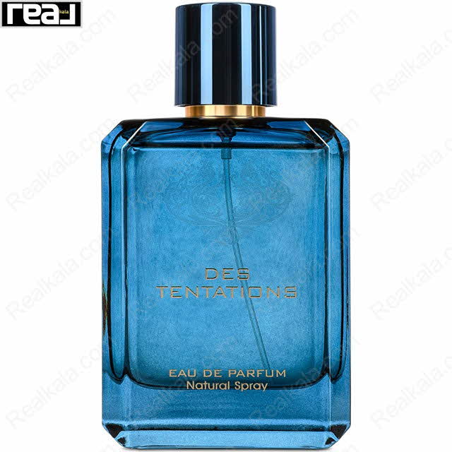 بطری آبی–طلایی ادکلن Des Tentations مردانه Fragrance World با طراحی لوکس