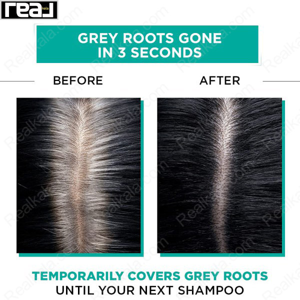 نمای قبل و بعد استفاده از اسپری Magic Retouch رنگ Black برای پوشش ریشه سفید مو