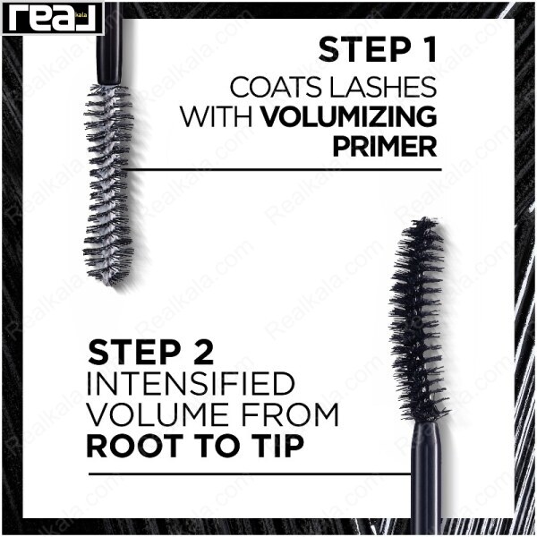 مراحل استفاده از ریمل PRO XXL VOLUME لورال: پرایمر سفید و حجم‌دهنده مشکی برای مژه‌های بلند