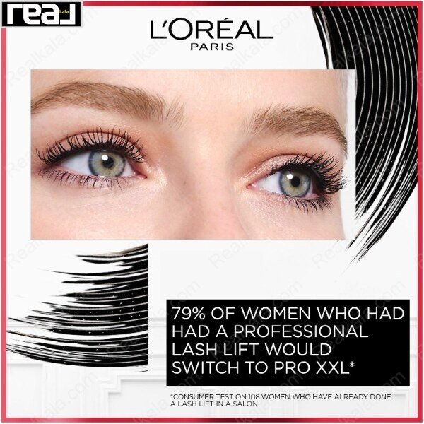 نمای چشم با مژه‌های لیفت‌شده و آمار رضایت ۷۹٪ از مصرف‌کنندگان ریمل L'Oréal Pro XXL