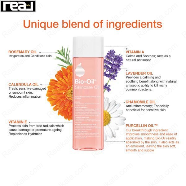 نمای ترکیبات کلیدی روغن بایو اویل و عصاره‌های گیاهی مانند رزماری، اسطوخودوس، کالندولا، بابونه و ویتامین‌ها در کنار بطری محصول