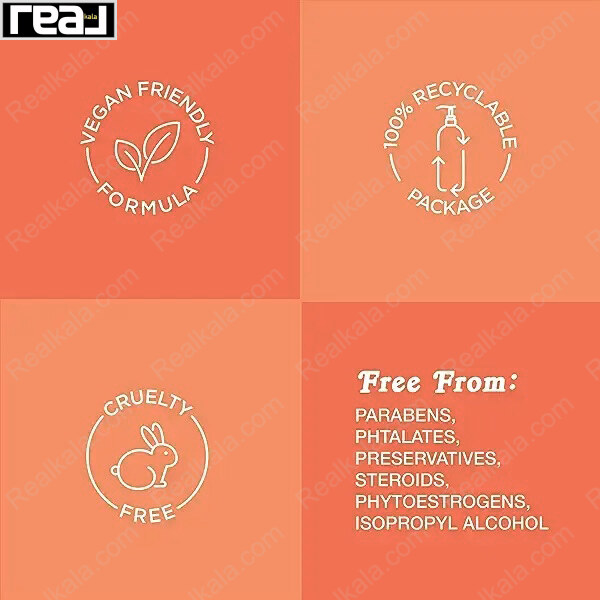 آیکن‌های ویژگی‌های روغن بایو اویل شامل فرمول وگان، بسته‌بندی ۱۰۰٪ قابل‌بازیافت، بدون تست حیوانی و فاقد پارابن و فتالات و مواد نگهدارنده