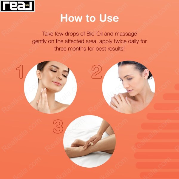 راهنمای نحوه استفاده از روغن بایو اویل با چند قطره و ماساژ روی ناحیه موردنظر و استفاده روزانه