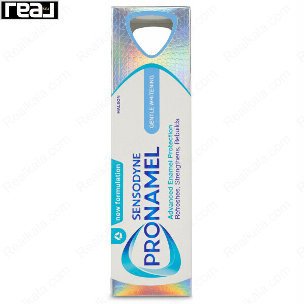 جعبه خمیر دندان سنسوداین پرونامل Gentle Whitening با طراحی سفید و آبی و نوارهای هولوگرامی