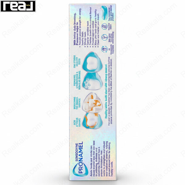 نمای پشت جعبه خمیر دندان Sensodyne Pronamel شامل توضیحات محصول، مزایا و اطلاعات محافظت از مینای دندان