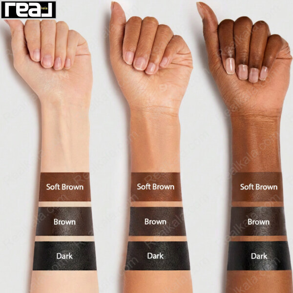 سواچ سه رنگ ژل ابرو و خط چشم روی سه دست با تناژهای مختلف و برچسب نام رنگ‌ها