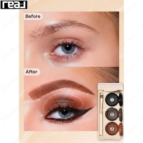 تصویر قبل و بعد آرایش ابرو و خط چشم همراه با نمایش پالت ژل شیگلم