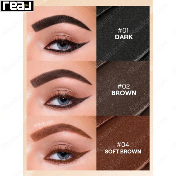 نمای سه نتیجه آرایش ابرو و خط چشم در کنار نمونه رنگ‌های دارک، براون و سافت براون