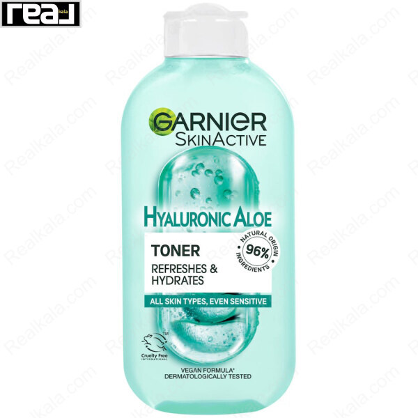 بطری تونر گارنیر Hyaluronic Aloe با کاربرد آبرسانی و طراوت‌بخشی و ذکر مناسب برای انواع پوست حتی حساس