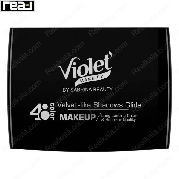 نمای روی درب پالت سایه چشم Violet Make Up 48 Color با شعار Velvet‑Like Shadows Glide