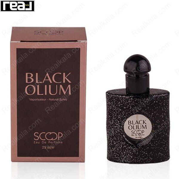 جعبه و بطری عطر Scoop Black Olum Eau De Perfume حجم 25 میل با طراحی مشکی و جعبه برنزی