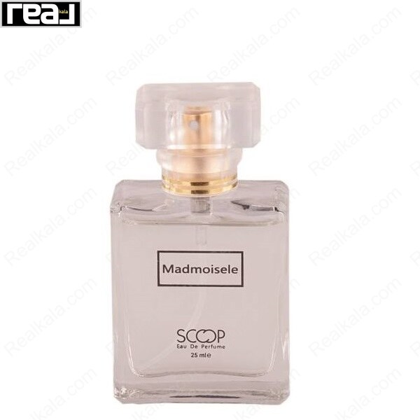 بطری عطر اسکوپ مدل Madmoisele با طراحی شیشه‌ای شفاف و درب مربعی طلایی حجم 25 میل