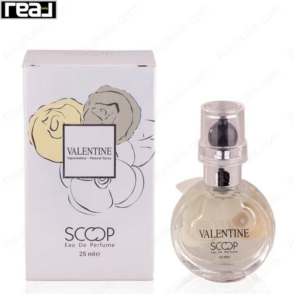 بطری و جعبه عطر اسکوپ مدل Valentine با طراحی گل‌های برجسته و بسته‌بندی سفید حجم 25 میل