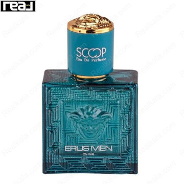 بطری عطر اسکوپ مدل Eros Men با شیشه آبی، طرح برجسته کلاسیک روی بدنه و درب طلایی حجم 25 میل