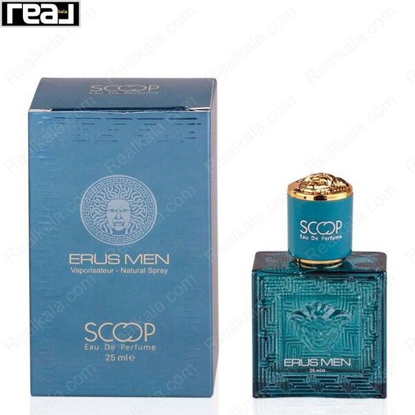 جعبه و بطری عطر Scoop Eros Men Eau De Perfume حجم 25 میلی‌لیتر با بسته‌بندی آبی و طراحی هماهنگ
