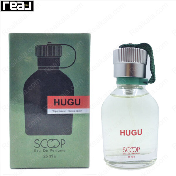 بطری و جعبه عطر اسکوپ مدل Hugu با طراحی شیشه شفاف، درب فلزی و بند سبز حجم 25 میل